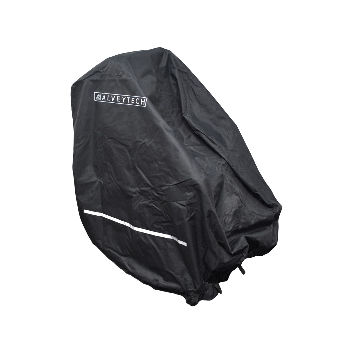 Heavy Duty Weatherproof Cover for Power Chairs, shown in black with white text, designed to protect electric power chairs from weather and dust, featuring durable 400-denier nylon with urethane backing.