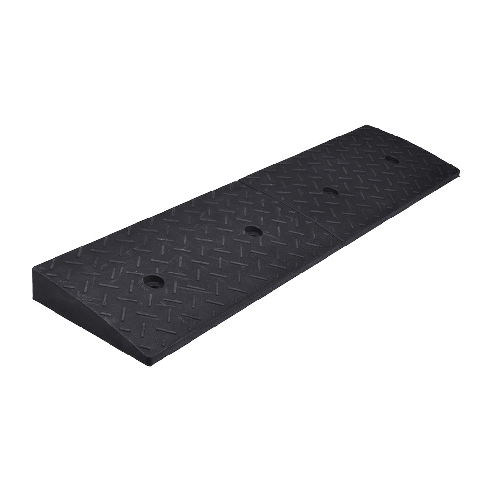 Rubber Threshold Ramp for Mobility Scooters, Power Chairs, and Wheelchairs: A black rectangular ramp with holes, designed for easy installation and trimming to fit various doorways, featuring different textures for enhanced traction.