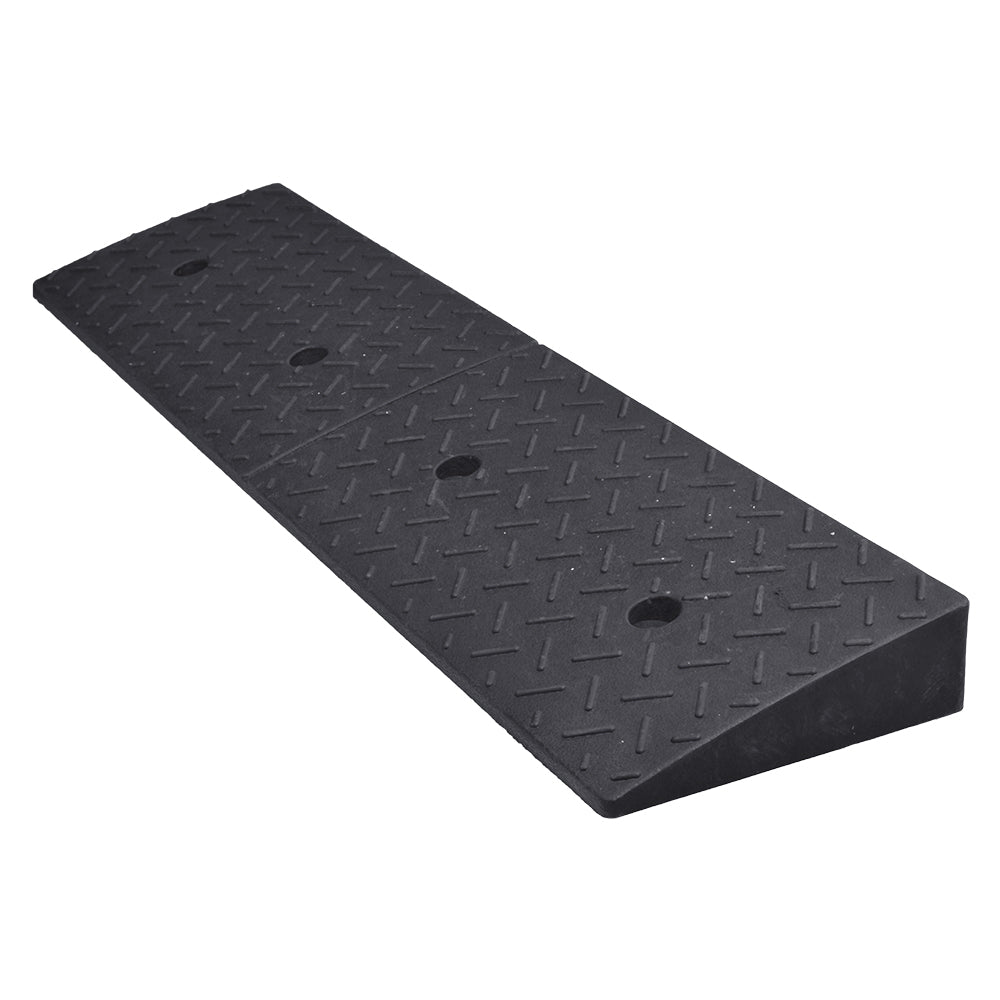 Rubber Threshold Ramp for Mobility Scooters, Power Chairs, and Wheelchairs featuring a black rectangular surface with holes for enhanced traction and safety. Durable and easy to install for doorways.