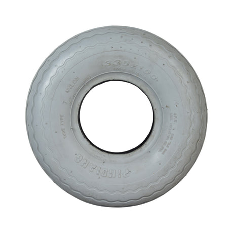 4.00-5 (13x4, 330x100) Pneumatic Front Tire for Shoprider Sprinter XL3 & XL4 Deluxe Scooters, featuring a white tire with a central hole and zigzag tread pattern for enhanced traction.