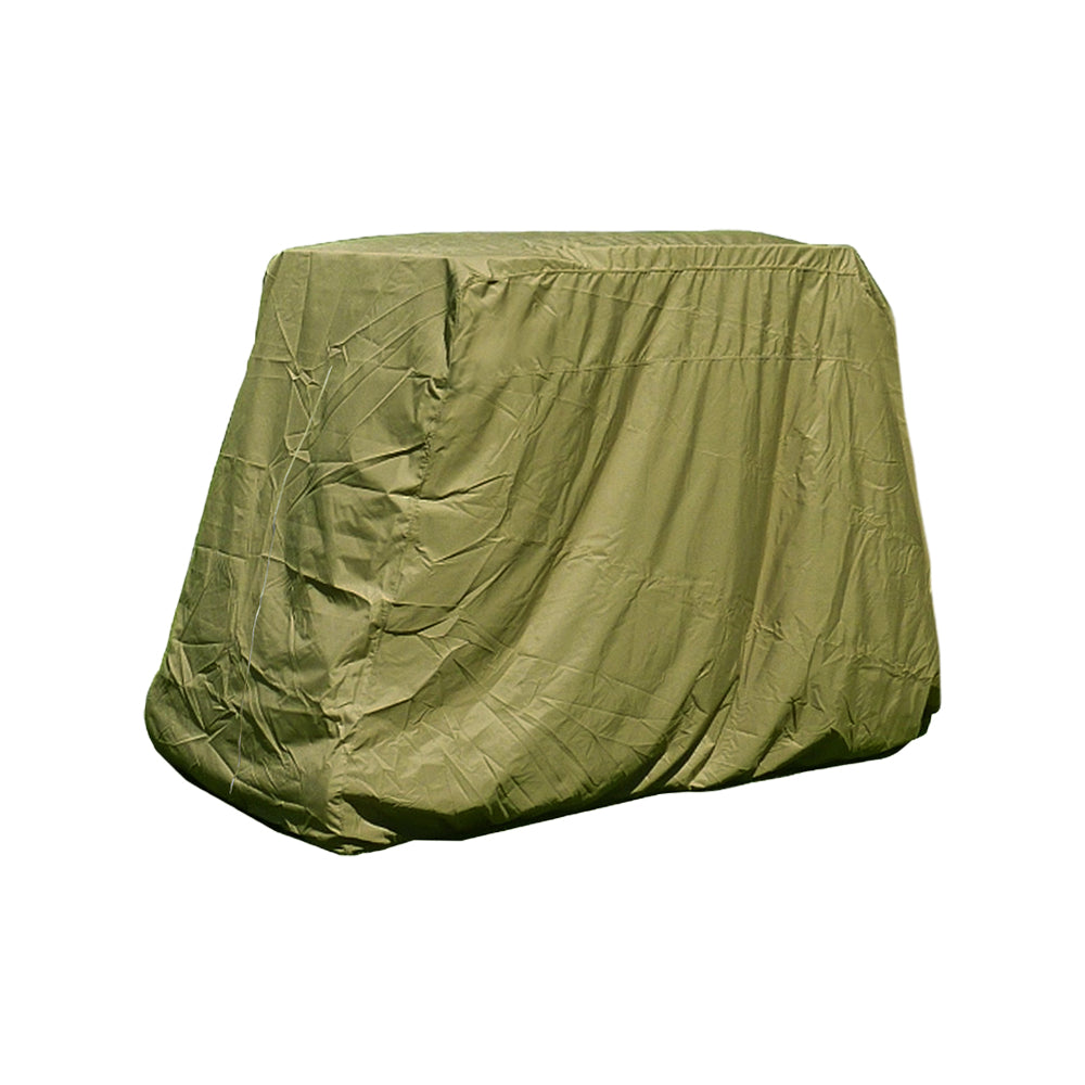 Weatherproof Cover for Golf Carts featuring a heavy-duty fabric, clamshell vents, elasticized cord, tie-down grommets, and a zipper opening, displayed against a white backdrop.