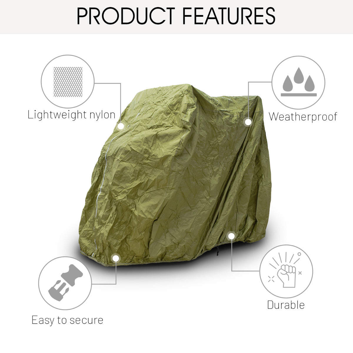 Weatherproof Cover for Golf Carts shown in a green plastic bag with white text, featuring clamshell vents, zipper opening, elastic cord, and tie-down grommets for secure protection against dirt, dust, rain, and snow.