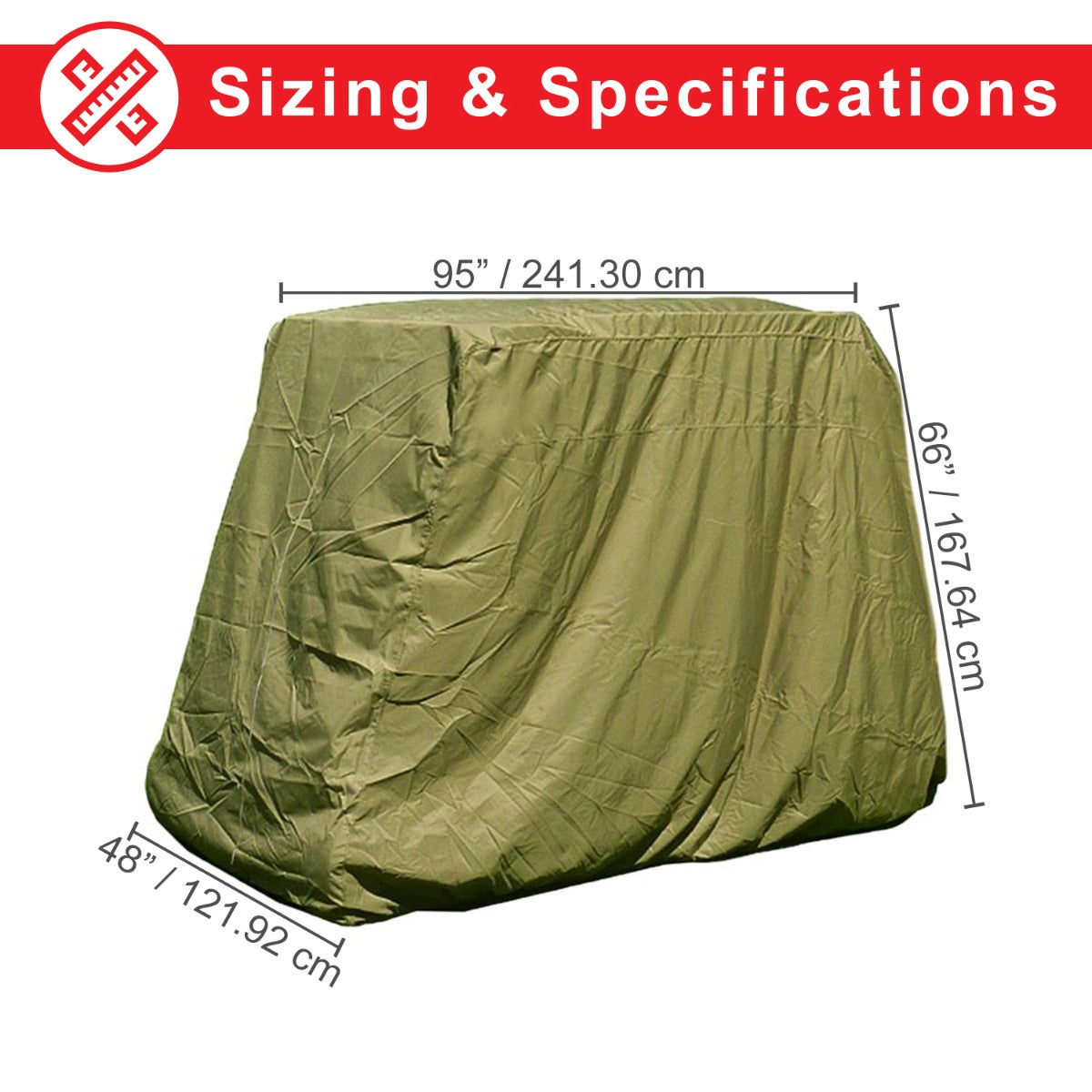 Weatherproof Cover for Golf Carts with a zipper opening, elasticized cord, and tie-down grommets. The cover is shown protecting a golf cart, highlighting its heavy-duty, waterproof fabric and clamshell vents for air circulation.