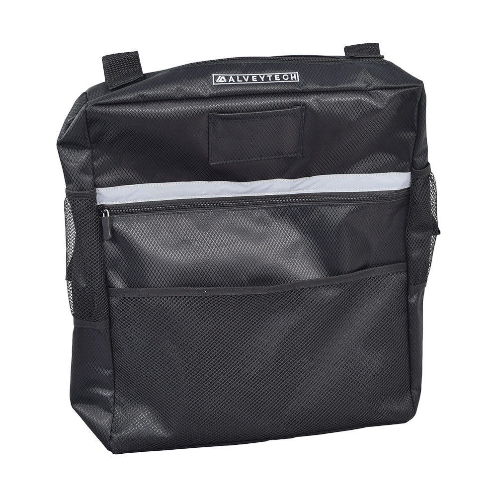 Seat Back Bag (Backpack) for Mobility Scooters & Power Chairs featuring a black design with a white stripe, zippered compartments, an open mesh pouch, and a small top pocket for keys or cards.