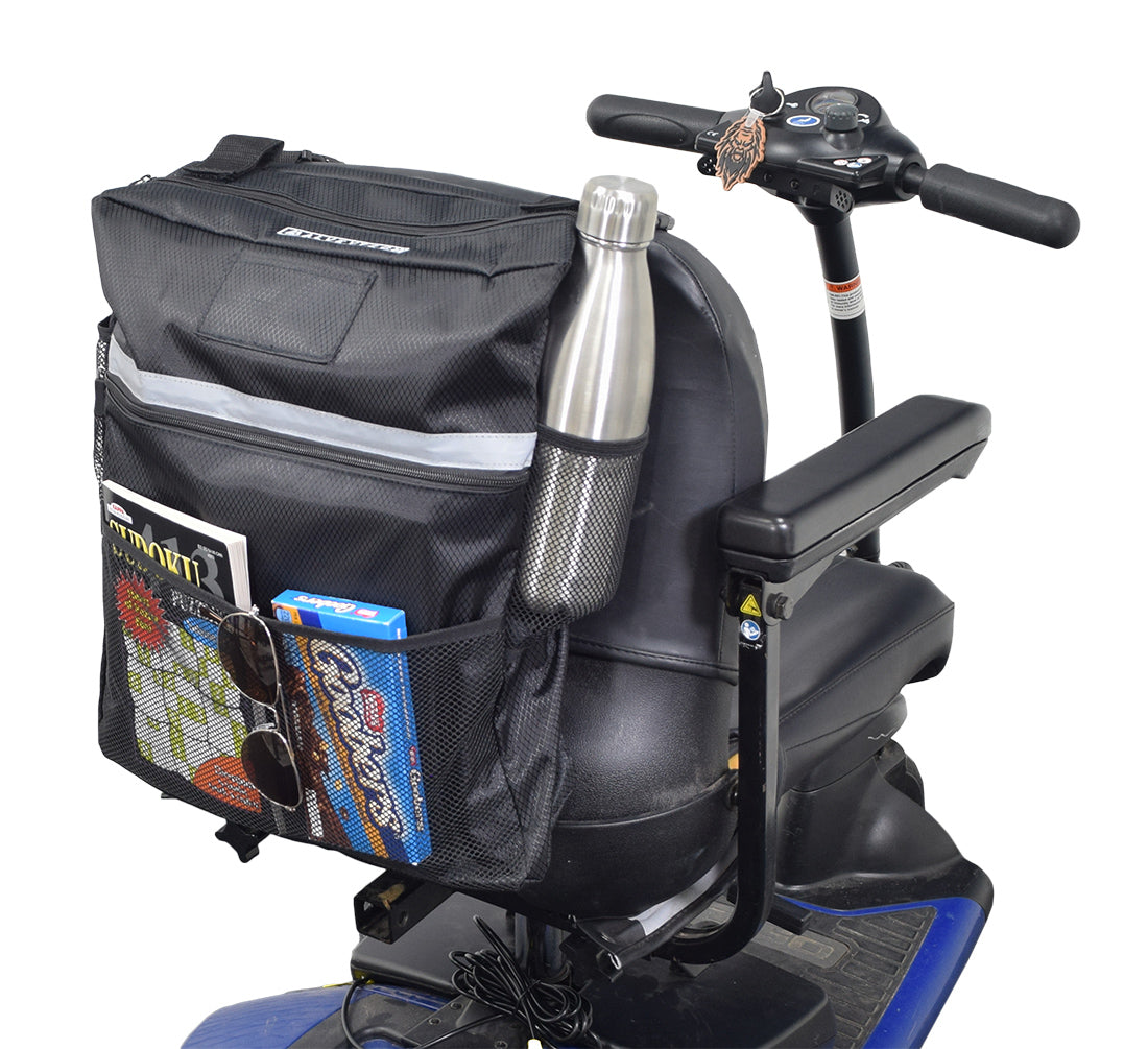 Seat Back Bag (Backpack) for Mobility Scooters & Power Chairs, shown attached to a black scooter, featuring multiple compartments and a mesh pouch, ideal for carrying personal items securely.