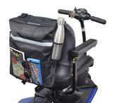 Seat Back Bag (Backpack) for Mobility Scooters & Power Chairs, shown attached to a black scooter, featuring multiple compartments and a mesh pouch, ideal for carrying personal items securely.