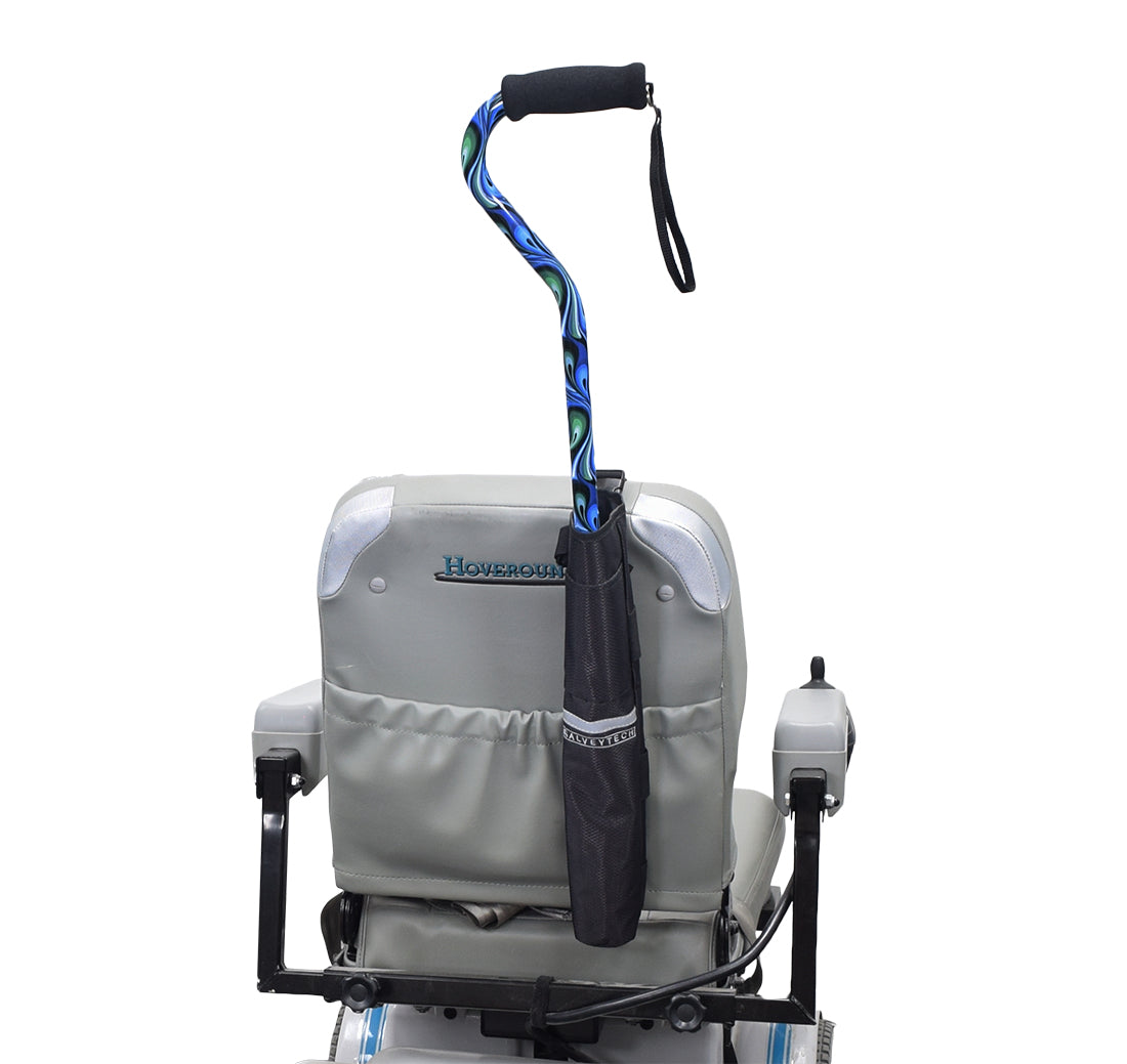 Universal Cane Holder for Mobility Scooters & Power Chairs: A grey pouch attached to a wheelchair backrest, designed to securely hold a cane up to 2-3/4 in diameter.