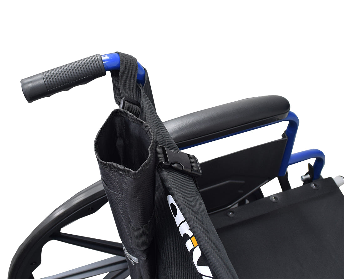 Universal Cane Holder for Mobility Scooters & Power Chairs attached to a wheelchair’s backrest, featuring a black ripstop fabric pouch with adjustable nylon straps for secure cane storage.