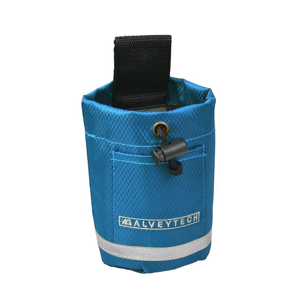 Unbreakable Universal Cupholder for ATVs, Bikes, Go-Karts, & Scooters, featuring a durable blue fabric with a black strap, shown with a secure quick-clip buckle and tightening pull-cord for stable mounting.