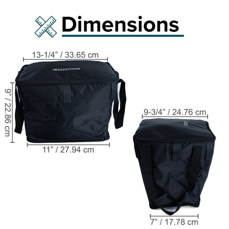 Insulated Basket Bag for Bicycles, E-Bikes, & Scooters: A black bag with straps, a zippered lid, and a visible white logo, designed to fit inside handlebar mount baskets.