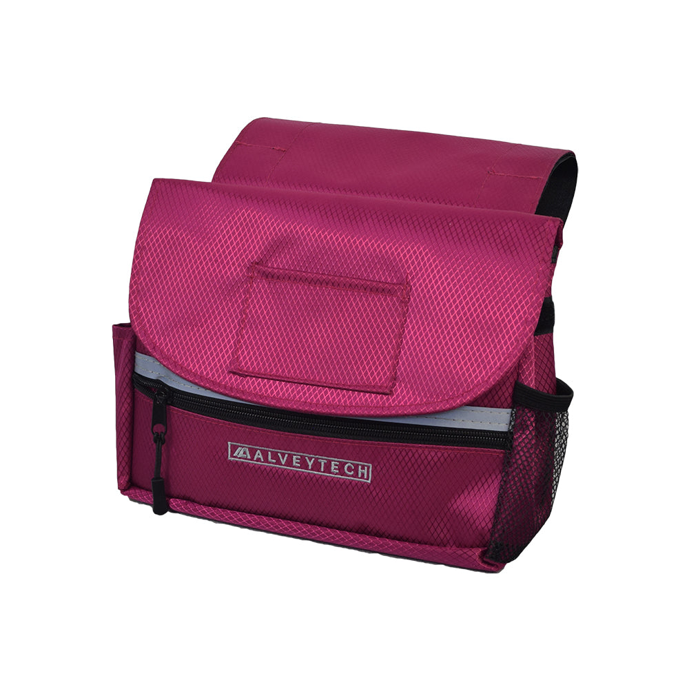 Saddle Bag for Mobility Scooters, Power Chairs, & Wheelchairs featuring a durable nylon body, black strap, zippered front pocket, and side pockets.