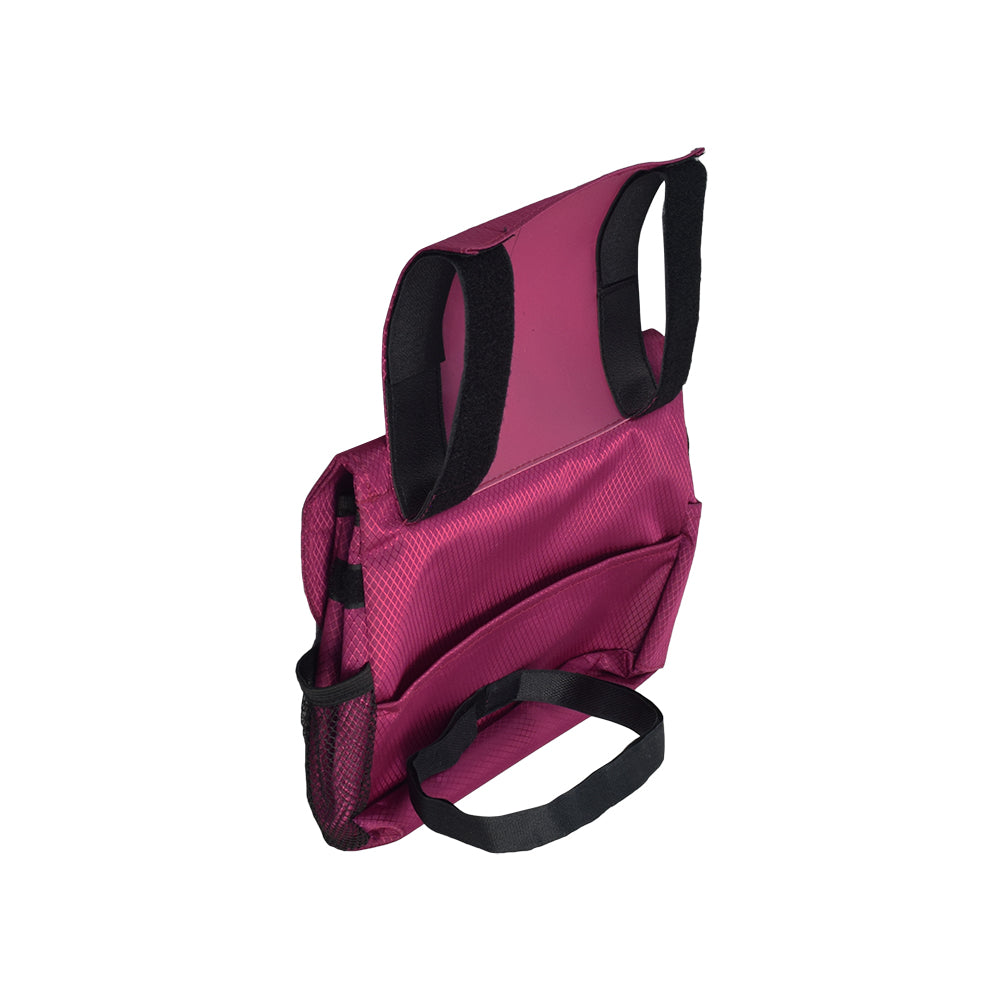 Saddle Bag for Mobility Scooters, Power Chairs, & Wheelchairs featuring black straps, multiple zippered pockets, and a Velcro top pouch closure for secure storage. Durable nylon with reflective safety tape for visibility.