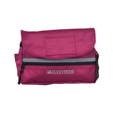 Saddle Bag for Mobility Scooters, Power Chairs, & Wheelchairs; durable pink nylon with grey stripe, side pockets, zippered front pocket, and Velcro top pouch. Features reflective safety tape for visibility.