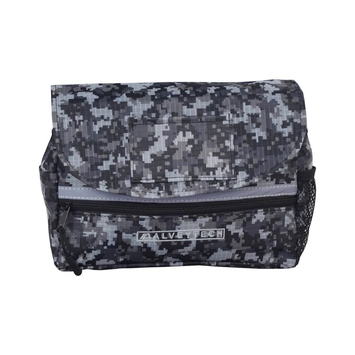 Saddle Bag for Mobility Scooters, Power Chairs, & Wheelchairs: A black and grey camouflage nylon bag with side pockets, zippered front pocket, and Velcro fastener, designed for secure and organized storage.