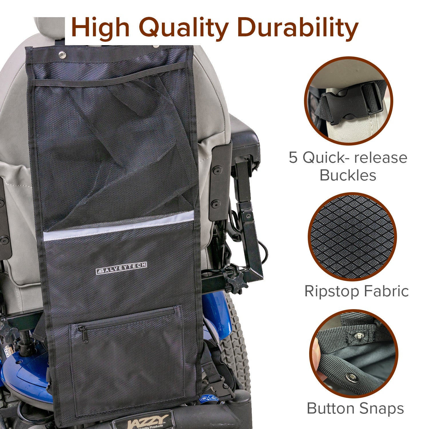 Universal Oxygen Tank and Crutch Holder for Mobility Scooter and Power Chairs, featuring durable ripstop nylon, mesh, and zippered pockets, with adjustable straps for secure attachment and easy access to health aids.