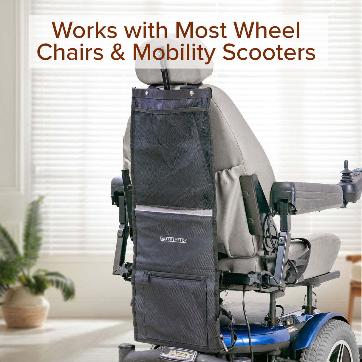 Universal Oxygen Tank and Crutch Holder for Mobility Scooter and Power Chairs, featuring a black pocket on a grey chair, durable stitching, adjustable straps, and multiple compartments for essential items.