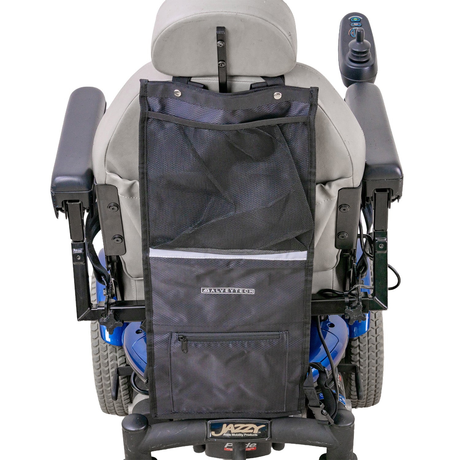 Universal Oxygen Tank and Crutch Holder for Mobility Scooter and Power Chairs, featuring a black bag with white stripe, mesh and zippered pockets, and durable stitching, attached to the back of a wheelchair.