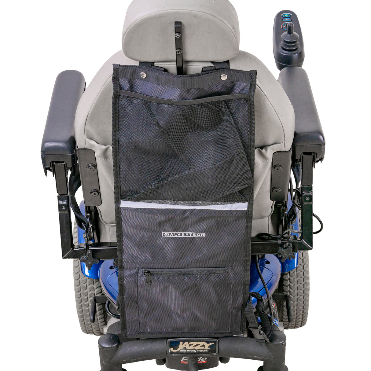 Universal Oxygen Tank and Crutch Holder for Mobility Scooter and Power Chairs, featuring a black bag with white stripe, mesh and zippered pockets, and durable stitching, attached to the back of a wheelchair.