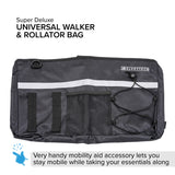 Super Deluxe Universal Walker & Rollator Bag: black with a white stripe, featuring multiple pockets, bungee cord net, and sturdy hook & loop straps for secure attachment to mobility aids.