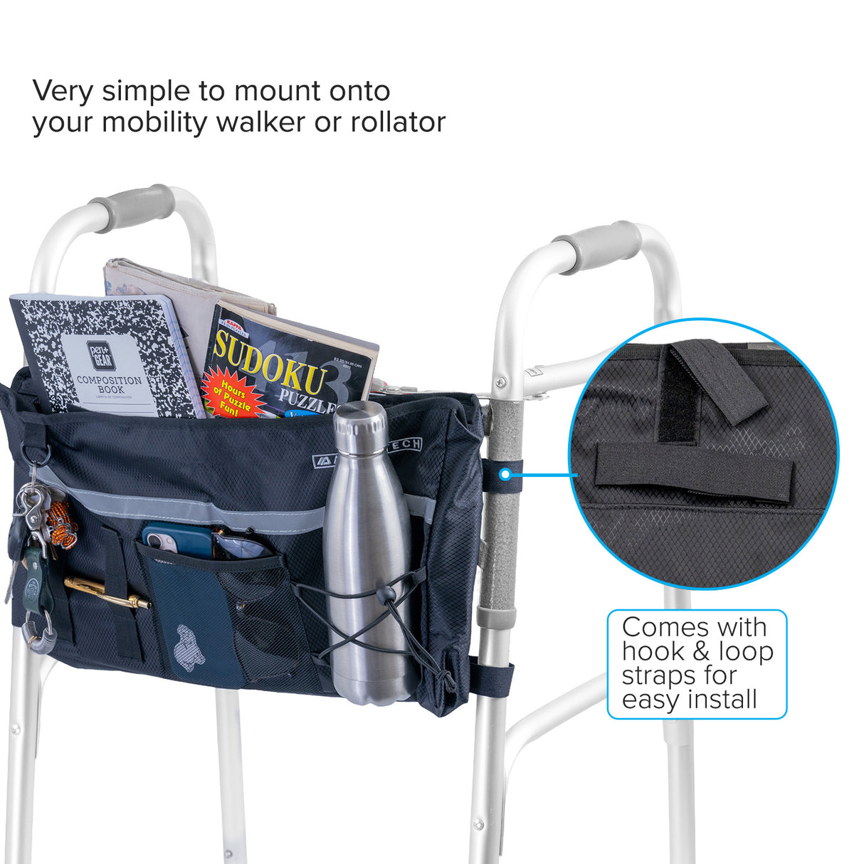 Super Deluxe Universal Walker & Rollator Bag attached to a walker, featuring multiple exterior pockets, a metal bottle holder, and a bungee cord net for carrying bulky items.