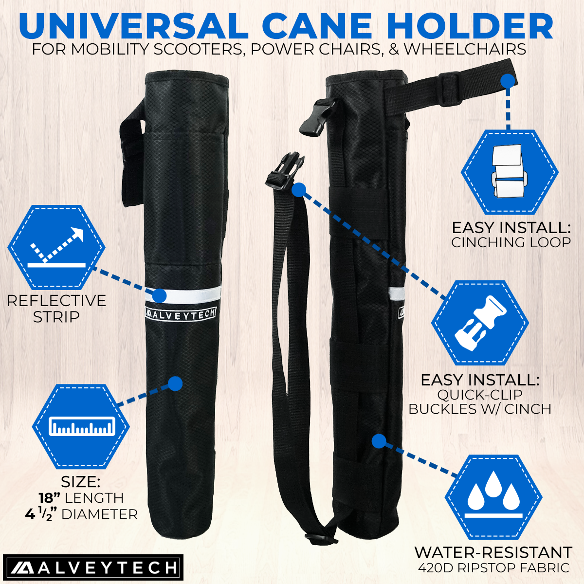 Universal Cane Holder for Mobility Scooters & Power Chairs, featuring a sturdy black bag with an adjustable strap, designed to attach to the backrest, securely holding canes up to 2-3/4 in diameter.