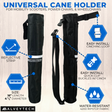 Cane Holder for Golden Scooters & Power Chairs: A black bag with straps, designed to attach securely to the backrest, providing a convenient carrying solution for canes up to 2-3/4 in diameter.