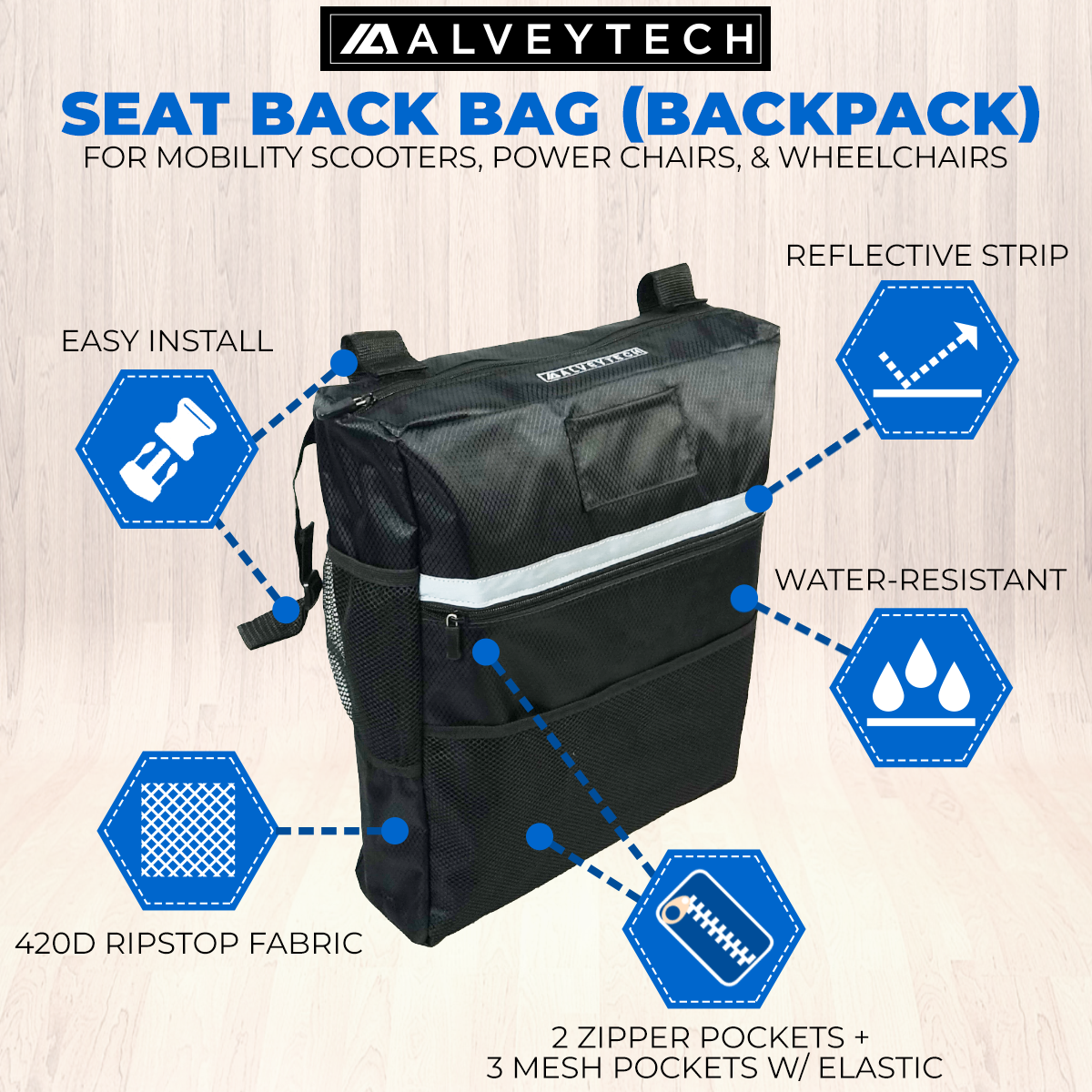 Seat Back Bag (Backpack) for Mobility Scooters & Power Chairs featuring a black ripstop nylon body with blue details, multiple compartments, and a zippered main compartment.