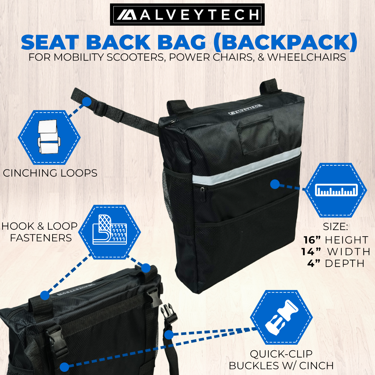 Seat Back Bag (Backpack) for Mobility Scooters & Power Chairs featuring a black nylon design with multiple compartments, including a main zippered area, an outer zippered pocket, and an open mesh pouch.