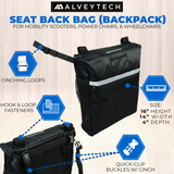 Seat Back Bag (Backpack) for Wheelchairs showing multiple compartments, including a main zippered section, an outer zippered pocket, a mesh pouch, and a small top pocket for keys or cards.