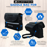 Saddle Bag & Seat Back Bag (Backpack) Combination for Mobility Scooters, Power Chairs, & Wheelchairs. Durable black nylon bags with blue dots, multiple pockets, zippers, and reflective safety tape for enhanced utility and convenience.