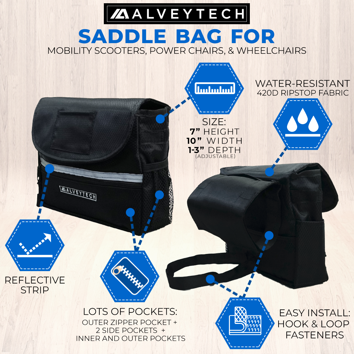 Saddle Bag & Cup Holder Combination for Mobility Scooters, Power Chairs, & Wheelchairs. Black bags with blue accents, including a zippered front pocket, side pockets, and a universal mount cup holder.