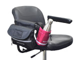 Saddle Bag & Cup Holder Combination for Mobility Scooters, Power Chairs, & Wheelchairs, showing a black chair with a water bottle in the cup holder and the saddle bag attached.