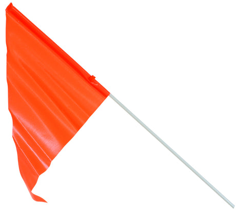 Safety Flag with Axle Mount featuring a red flag on a white pole. Ideal for visibility on bikes, scooters, and electric ride-ons. Available in 59 or 72 pole lengths.