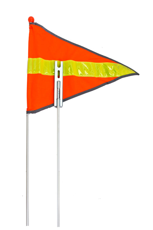 Safety Flag with Axle Mount featuring a high visibility red triangle flag with a yellow reflective strip. Available in 59 and 72 pole sizes for enhanced visibility on scooters, go-karts, and power chairs.