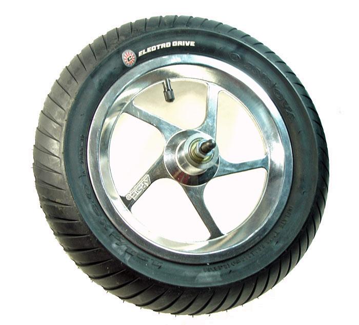 Currie 12-1/2 x 3.0 Complete Front Wheel Assembly (5 Spoke) featuring a metal spoke rim, Currie Street V-Groove tire, tube, bearings, and axle for 500 Watt+ electric scooters.