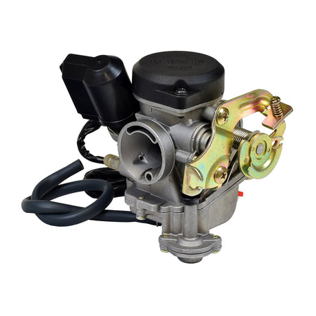 Close-up of the CVK 50cc 139QMB Bike Carburetor with Electric Choke, suitable for TaoTao Fastwind 50 Scooter, showcasing detailed mechanical components and an integrated electric choke.