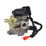 CVK 50cc 139QMB Bike Carburetor with Electric Choke for the TaoTao Speedy 50 Scooter, featuring close-up details of its metal components, coil, and mechanical structures.