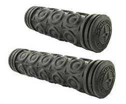 Schwinn Full Size & Half Size Handlebar Grip Set (OEM) featuring black grips with Schwinn logo on end caps; includes a full-size left grip and a half-size right grip for Currie scooters.