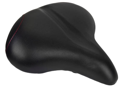 Replacement Bicycle Saddle Seat for Schwinn Meridian Trikes featuring a padded black top with red stitching, steel base, coil spring suspension, and flat rails, ideal for upgrading adult trike comfort.