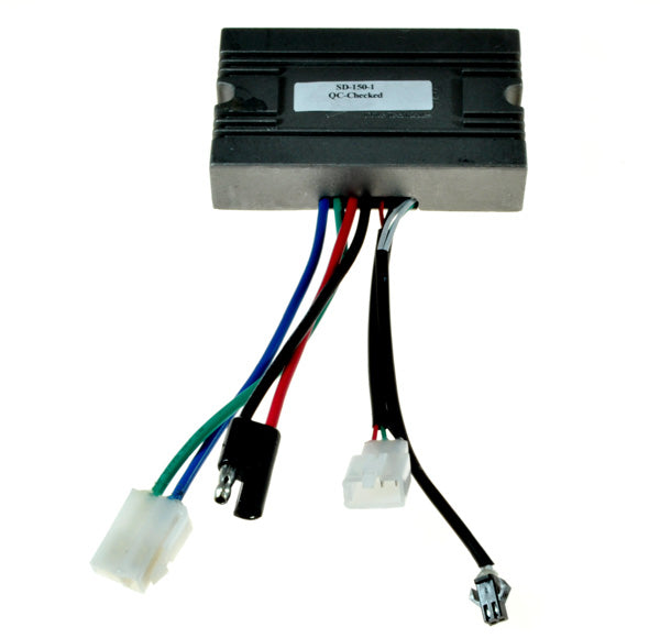 Currie 24 Volt 40 amp 3-Pin Controller for Schwinn, GT, IZIP, and Mongoose Scooters, shown with various colored wires and connectors for motor, battery, throttle, and battery charger.