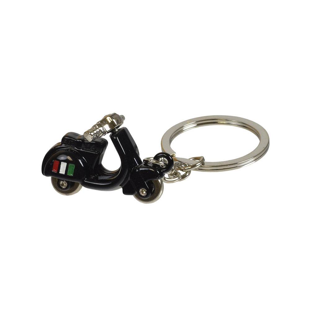 Scooter Keychain featuring a small black motorcycle, shown in a close-up of the key ring. Perfect for scooter enthusiasts, this practical accessory is ideal for everyday use or as a thoughtful gift.