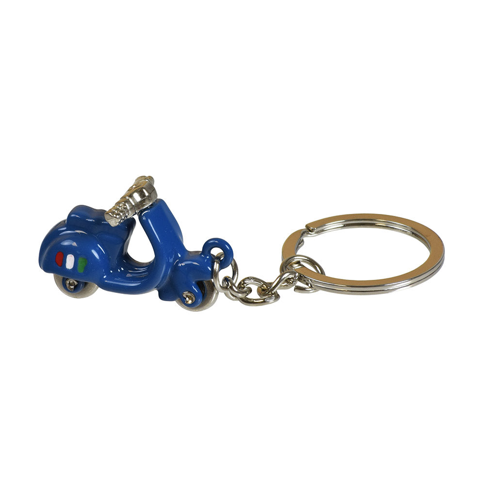 Scooter Keychain featuring a detailed blue scooter model with metal wheels and a ring attachment, shown in a close-up view.