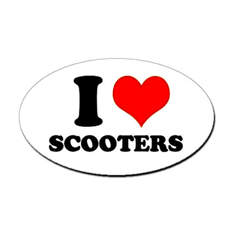 I Love Scooters sticker featuring a white oval design with black text and a red heart, perfect for showcasing scooter pride. Measures 5 x 3.