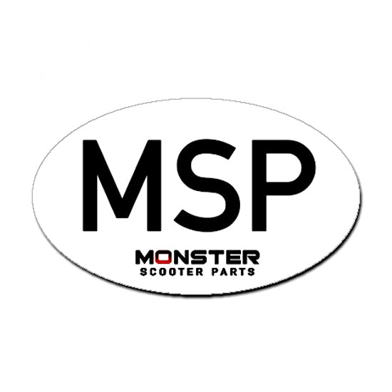 MSP White Logo Sticker: An oval vinyl sticker with 'MSP' in black letters on a white background. Features the obsolete Monster Scooter Parts logo. Measures 5 inches by 3 inches.