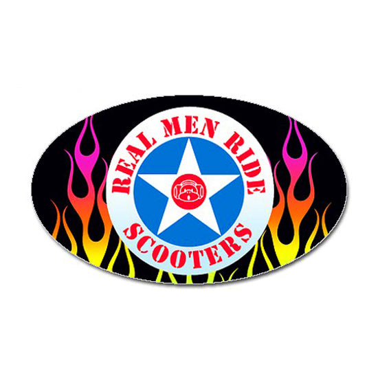 Real Men Ride Scooters sticker featuring an oval shape with flames and a central monkey logo. Measures 5x3. Exclusively from Monster Scooter Parts.