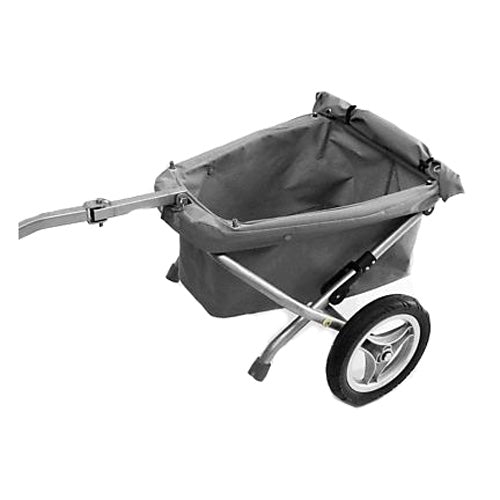 Trailer for Mobility Scooters: A grey wheelbarrow-like trailer with a black wheel, designed for electric mobility scooters, featuring an aluminum frame and foldable design for easy storage.