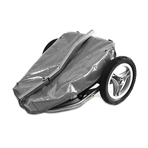 Trailer for Mobility Scooters with a grey plastic cover, aluminum frame, and large wheels designed for hauling items. The cover is removable, and the trailer can be folded for storage.