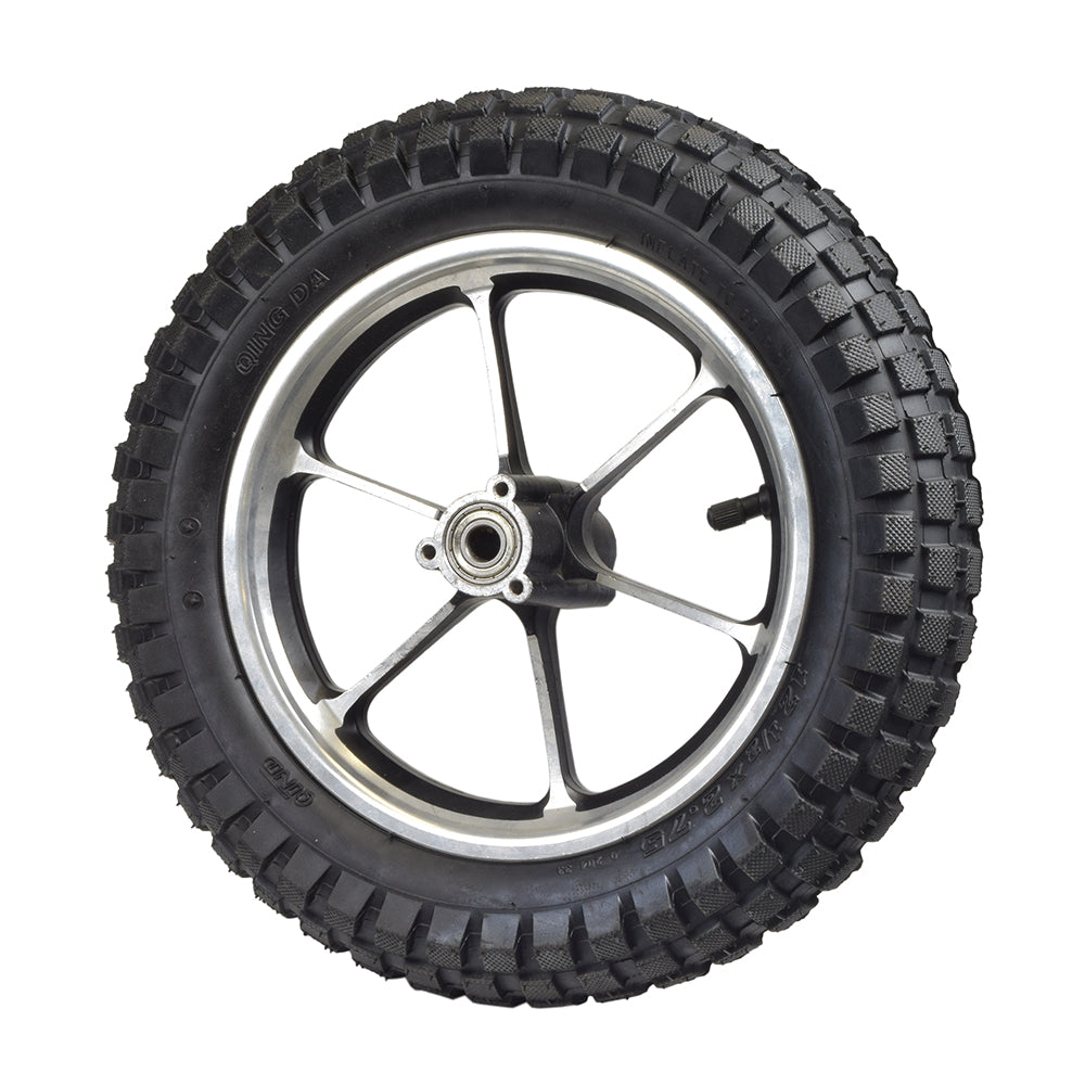 12-1/2 x 2-3/4 Front Wheel Assembly (Blemished) featuring a knobby tread tire, alloy rim, and two ZZ1009 bearings, missing its axle. Ideal for scooters, with threaded holes for brake disc mounting.