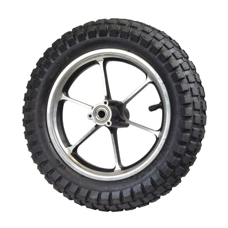 12-1/2 x 2-3/4 Front Wheel Assembly (Blemished) featuring a knobby tread tire, alloy rim, and two ZZ1009 bearings, missing its axle. Ideal for scooters, with threaded holes for brake disc mounting.