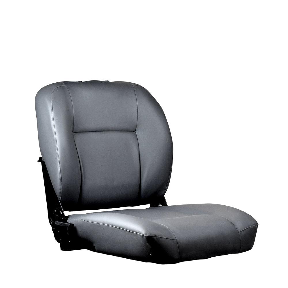 18x20 Power Chair Seat Assembly without Headrest (Blemished) showing a grey seat with armrests, black stitching, and visible scratches on the left side plastic hinge cover.